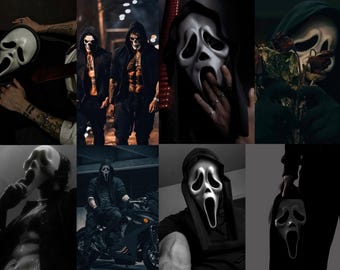 Puede incluir: Un collage de imágenes con la icónica máscara de Scream. La máscara es blanca con una expresión distorsionada de grito. Algunas imágenes muestran la máscara con una capa con capucha negra. Otras imágenes muestran personas con máscaras de calavera y ropa negra.