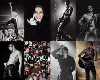 Puede incluir: Un collage de fotografías en blanco y negro de un músico actuando en vivo. Las imágenes muestran al músico tocando la guitarra, cantando e interactuando con el público. El collage incluye el texto "YUNGBLUD".