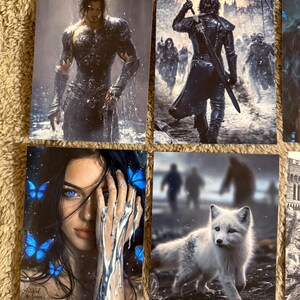 May include: A collection of fantasy art prints. One print features a muscular figure in armor, another depicts a warrior with a torch, a third shows a woman with blue eyes and butterflies, and the last shows a white fox.