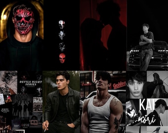 Puede incluir: Un collage con varias imágenes con una estética oscura y vanguardista. Incluye una persona con una máscara de calavera roja, siluetas de personas y retratos de individuos. El tema general sugiere una narrativa misteriosa o dramática.