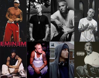 Puede incluir: Un collage de imágenes del rapero Eminem. Las imágenes muestran varias poses y portadas de álbumes, incluyendo una con el texto "Eminem The Eminem Show" y otra con una advertencia parental. Las fotos son en color y en blanco y negro.