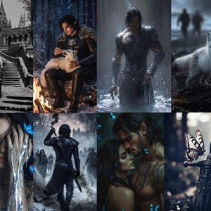 May include: A collage of fantasy-themed images. One shows a castle in grayscale, another a person with a white fox, and a third a person in water. Other images include a woman with blue butterflies, a person with a sword, and a couple.