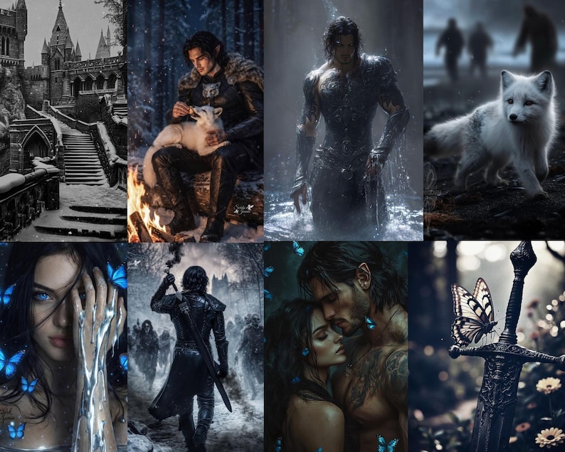 May include: A collage of fantasy-themed images. One shows a castle in grayscale, another a person with a white fox, and a third a person in water. Other images include a woman with blue butterflies, a person with a sword, and a couple.