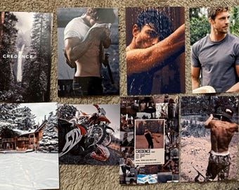 Puede incluir: Una colección de fotografías y un póster. Las fotografías muestran una cascada, un hombre secándose, un hombre en la ducha y un hombre con una camiseta gris. El póster tiene la palabra "CREDENCE".