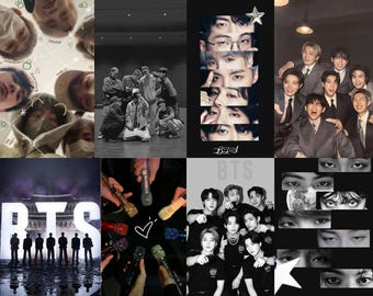 Puede incluir: Un collage de imágenes con la banda de chicos surcoreana BTS. Las imágenes incluyen fotos grupales, primeros planos de los rostros de los miembros y el logotipo de la banda. Las fotos están en varios estilos, incluyendo blanco y negro y color.