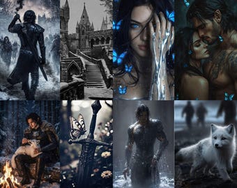Puede incluir: Un collage de imágenes de temática fantástica. Una muestra una figura con armadura oscura caminando con una espada, otra un castillo en invierno. Otras imágenes incluyen una mujer con mariposas azules, una pareja, un hombre con una espada y una mariposa, un hombre en el agua y un zorro blanco.