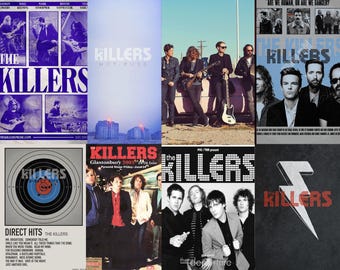 Puede incluir: Un collage de portadas de álbumes y material promocional de The Killers. Las imágenes presentan a los miembros de la banda, títulos de álbumes como "Hot Fuss" y "Direct Hits", y carteles de conciertos. La paleta de colores incluye azules, blancos y negros.