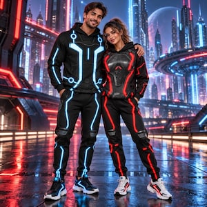 Puede incluir: Dos conjuntos a juego de sudaderas con capucha y pantalones de chándal negros. Un conjunto presenta patrones geométricos brillantes en azul, mientras que el otro muestra patrones geométricos brillantes en rojo. Ambos atuendos incluyen zapatillas deportivas.