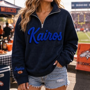 Felpa personalizzata con cerniera a un quarto, pullover da gioco con ricamo in filo, maglietta personalizzata per la mamma sportiva, regalo di calcio con il nome della squadra