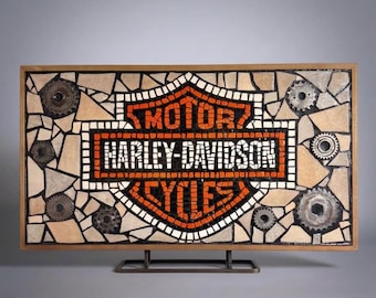 Harley Davidson Mosaic Tile Wall Art, Industrial Gears, Oak Frame (39x22 inches)