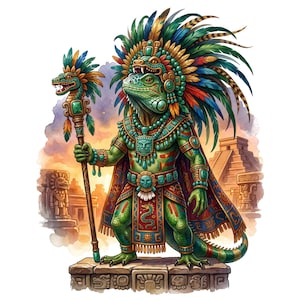 May include: A watercolour illustration of a green iguana in elaborate Aztec-inspired attire, including a feathered headdress, ornate jewellery, and a cape. The iguana holds a staff with a serpent head. Background features temples and a sunset.
