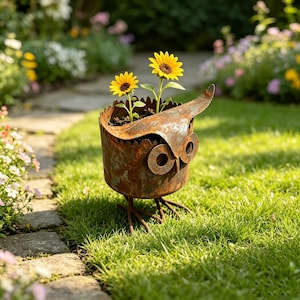 May include: A rustic, weathered metal owl-shaped planter with a brown, oxidised finish. The owl features large circular eyes and a pointed ear-like top edge. Two bright yellow sunflowers with dark centres are planted inside the container.