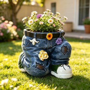Ripped Denim Jeans Planter Pot | Resin Funny Flower Pot with Sneaker Detail | Whimsical Garden Decor | Indoor Outdoor Succulent Planter