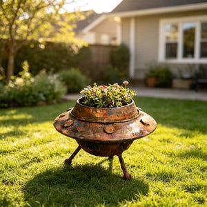 May include: A copper-toned metal planter shaped like a flying saucer with a wide, circular rim featuring raised circular accents. The planter stands on three thin metal legs and is filled with a variety of small, colourful flowering plants.