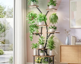 Tall 7-Tier Plant Stand with Grow Lights, Wood Metal Corner Shelf, Indoor Jungle Decor