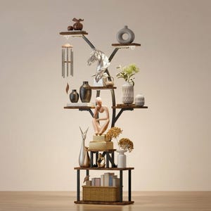 8-laags boomboekenkast met led-verlichting, gebogen houten metalen displayplank