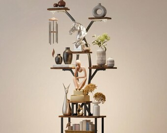 Librería de árbol de 8 niveles con luces LED, estante de exhibición curvo de madera y metal.