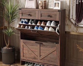 Farmhouse Shoe Storage Cabinet, Slim Entryway Storage, Rustic Oak Flip Drawers Organizer