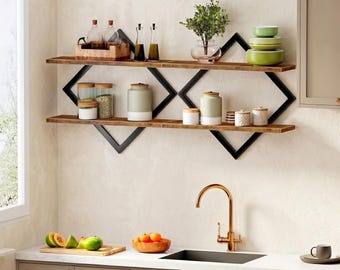 Conjunto de 2 Prateleiras Flutuantes Rústicas Estilo Fazenda: Prateleiras Geométricas de Diamante de Camada Dupla e Resistentes, Prateleira Boho para Sala de Estar