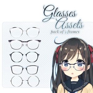 May include: An illustration featuring five different eyeglasses frames and a cartoon anime girl wearing glasses. The text "Glasses Assets pack of 5 frames" is displayed in the upper right corner. The glasses frames are in various shapes and styles.
