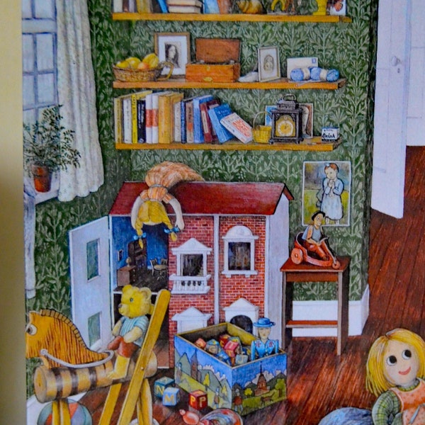 Greeting card of dolls house from gouache painting