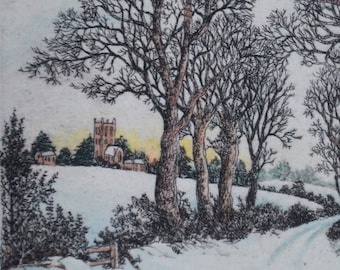 A Suffolk Winter, limited edition hand coloured etching