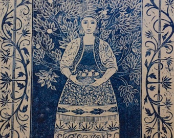 Greeting card from woodcut 'The Apple Picker'