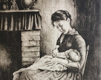 Mother and child solar etching of watercolour