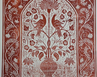Large woodcut 'Terracotta Flowers with Birds' limited edition