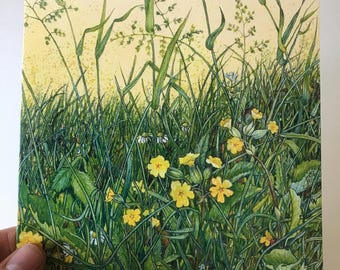May include: A watercolor painting of a field of green grass with yellow flowers. The flowers are in the foreground and the grass is in the background. The painting is done in a realistic style.