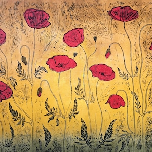 Poppies in Gold woodcut limited edition