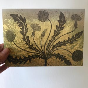 Carte de voeux linogravure « Pissenlit »