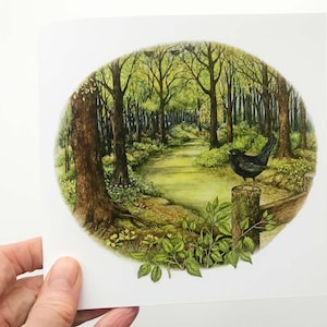 Wenskaart gouache-illustratie 'Blackbirds Build a Nest'