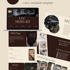 Op de afbeelding: Een digitale mediakit-sjabloon op een laptopscherm, met de tekst "Angelina Rock UGC MEDIA KIT". De kit bevat secties voor statistieken, services en contactgegevens. Extra pagina's tonen content previews en social media links.