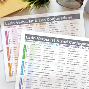 May include: Two educational reference sheets detailing Latin verb conjugations. The top sheet covers present, imperfect, future, and sum tenses. The bottom sheet outlines perfect, pluperfect, future perfect, and sum tenses with colour-coded sections.