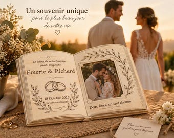 Cadre mariage personnalisé bois – Livre ouvert gravé – Cadeau mariage unique – Cadre photo couple – Idée cadeau mariés – Souvenir mariage