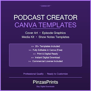 Könnte beinhalten: Ein lila digitales Download-Grafik für Podcast-Ersteller. Der Text lautet "Podcast Creator Canva Templates" mit Optionen für Cover-Art, Episoden-Grafiken und Shownotizen. Enthält über 20 Vorlagen, vollständig bearbeitbar in Canva.