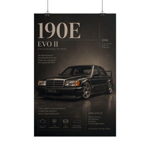 May include: A black Mercedes-Benz 190E EVO II car poster featuring the text 190E EVO II ENGINEERED TO WIN, 1990 DTM LEGEND BORN TO DOMINATE, RACE-BRED ENGINEERING, TIMELESS DESIGN, PURE PERFORMANCE, and technical icons with German descriptive text.
