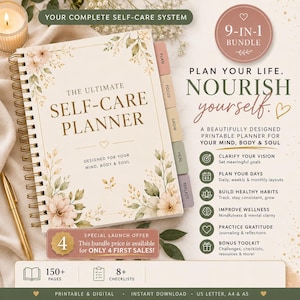 May include: A spiral-bound self-care planner with a cream cover featuring floral illustrations and gold text reading The Ultimate Self-Care Planner. The planner includes labelled tabs for Plan, Focus, Grow, Heal, and Reflect, alongside a 9-in-1 bundle graphic.