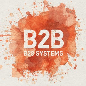 May include: Watercolor-style graphic with the text "B2B" in large white letters. Below, smaller white text reads "B28 SYSTEMS." The background features an abstract orange and red watercolor splash design on a textured, off-white surface.