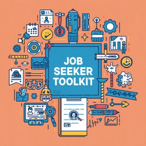 May include: An illustrated graphic with a blue rectangle that reads "JOB SEEKER TOOLKIT." The image is filled with various icons and symbols related to job searching, such as a resume, magnifying glass, and calendar, all set against an orange background.