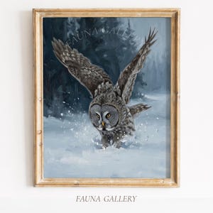 以下が含まれることがあります： 雪の上を飛ぶ灰色のフクロウの額装絵画。フクロウは翼を大きく広げ、背景は暗い森。絵画は金色のフレームに入っています。「FAUNA GALLERY」の文字が下にあります。