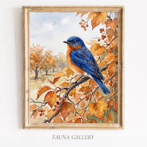 Eastern Bluebird Autumn Leaves Art Print, Vivid Wall Decor, Fall Songbird Painting, Bittersweet Vine Gift, Bold Poster (Digital Download)