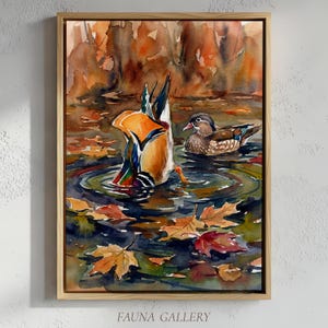 May include: Watercolor painting of two ducks in a pond with autumn leaves. One duck is diving, showing orange and green feathers, while the other floats nearby. The artwork is framed in a light wood frame, with the text "FAUNA GALLERY" at the bottom.