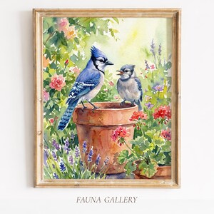 Blue Jay Print, Garden Fledgling Wildlife Wall Art, Parent and Baby Bird Art, Mother's Day Gift, Bird Lover Decor (Digital Download)