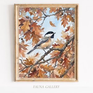 Chickadee in Autumn Oak Tree, Acorn Print, Fall Songbird Wall Art, Thanksgiving Gift, Woodland Home Decor (Digital Download)