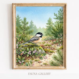 Puede incluir: Una lámina de acuarela enmarcada que muestra un carbonero cabecinegro posado sobre una roca cubierta de musgo. La escena incluye pinos verdes, pequeñas flores rosas y suelo arenoso. El texto FAUNA GALLERY aparece en la parte inferior.