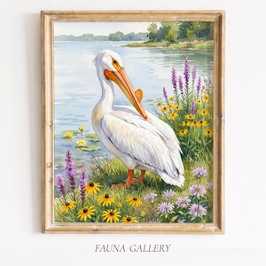 Aquarelprint van een Amerikaanse witte pelikaan die zich poetst, met een afbeelding van wilde bloemen uit de prairie van North Dakota als woondecoratie en fijne details van de veren (digitale download).