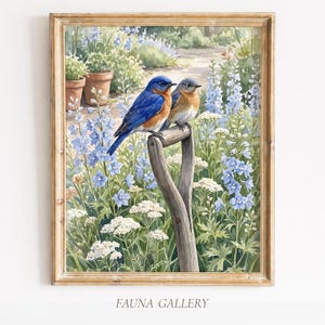 Puede incluir: Una pintura en acuarela enmarcada que muestra dos pájaros azules posados en el mango de una pala de madera. Las aves están rodeadas de flores de espuela de caballero azules y milenrama blanca en un jardín con macetas de terracota. Texto FAUNA GALLERY.