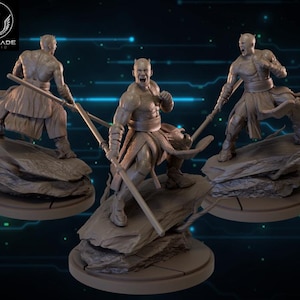 May include: Three detailed figurines of a warrior in a battle stance, holding a staff. The figures are on rocky platforms, with a neutral colour palette. The Wardlade Studio logo is in the upper left corner.